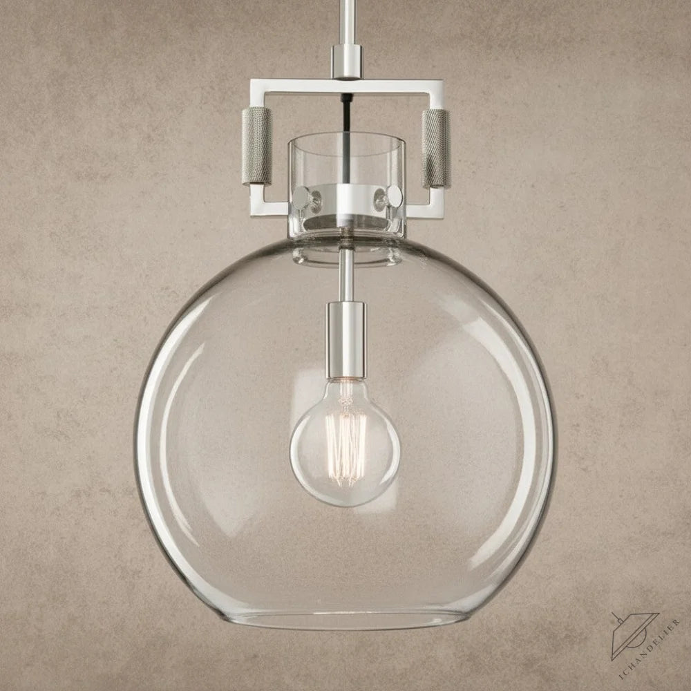 ichandelier Machinist Glass Globe Pendant with exposed bulb and brushed nickel hardware