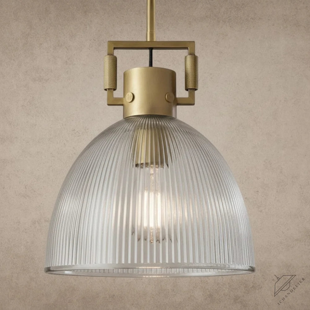 ichandelier Machinist Prismatic Cloche Pendant with ribbed glass shade and brass hardware