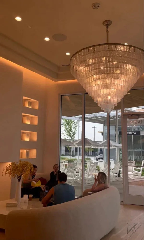 Modern Extra Large Multi-layers Round Cracked Textured Glass Chandelier for Living Room