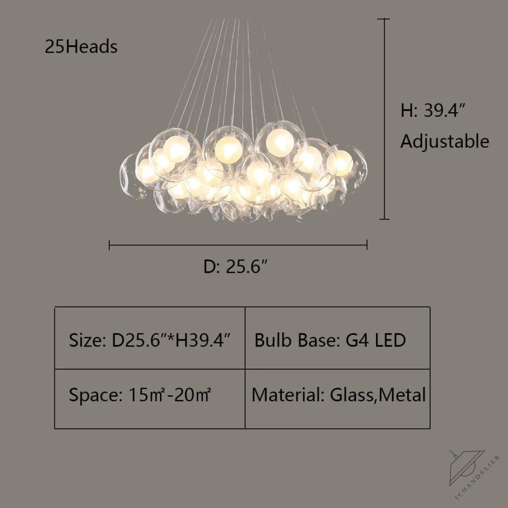 25 Lights: D25.6"*H39.4" Oversize Modern Glass Ball Bubble Light Art Chandelier for Living/Dining Room/Clothing Store