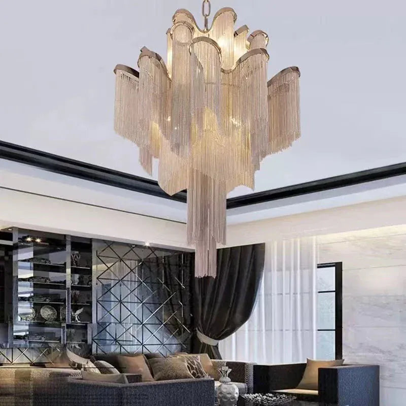 Post-Modern Extra Large Stainless Steel Long Tassel Chandelier for Large Living Room / Staircase / Villa / Duplexes
