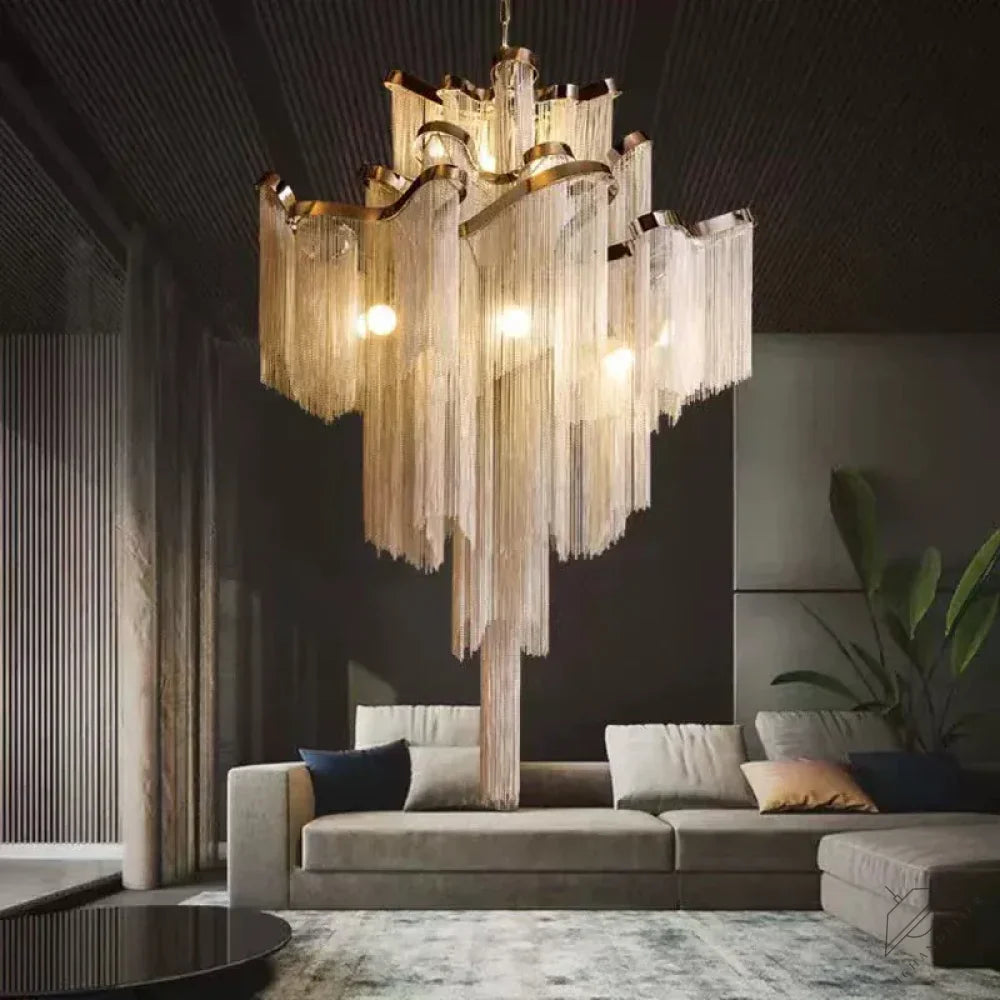 D39.4"*H39.4" / Silver / Warm Light Post-Modern Extra Large Stainless Steel Long Tassel Chandelier for Large Living Room / Staircase / Villa / Duplexes