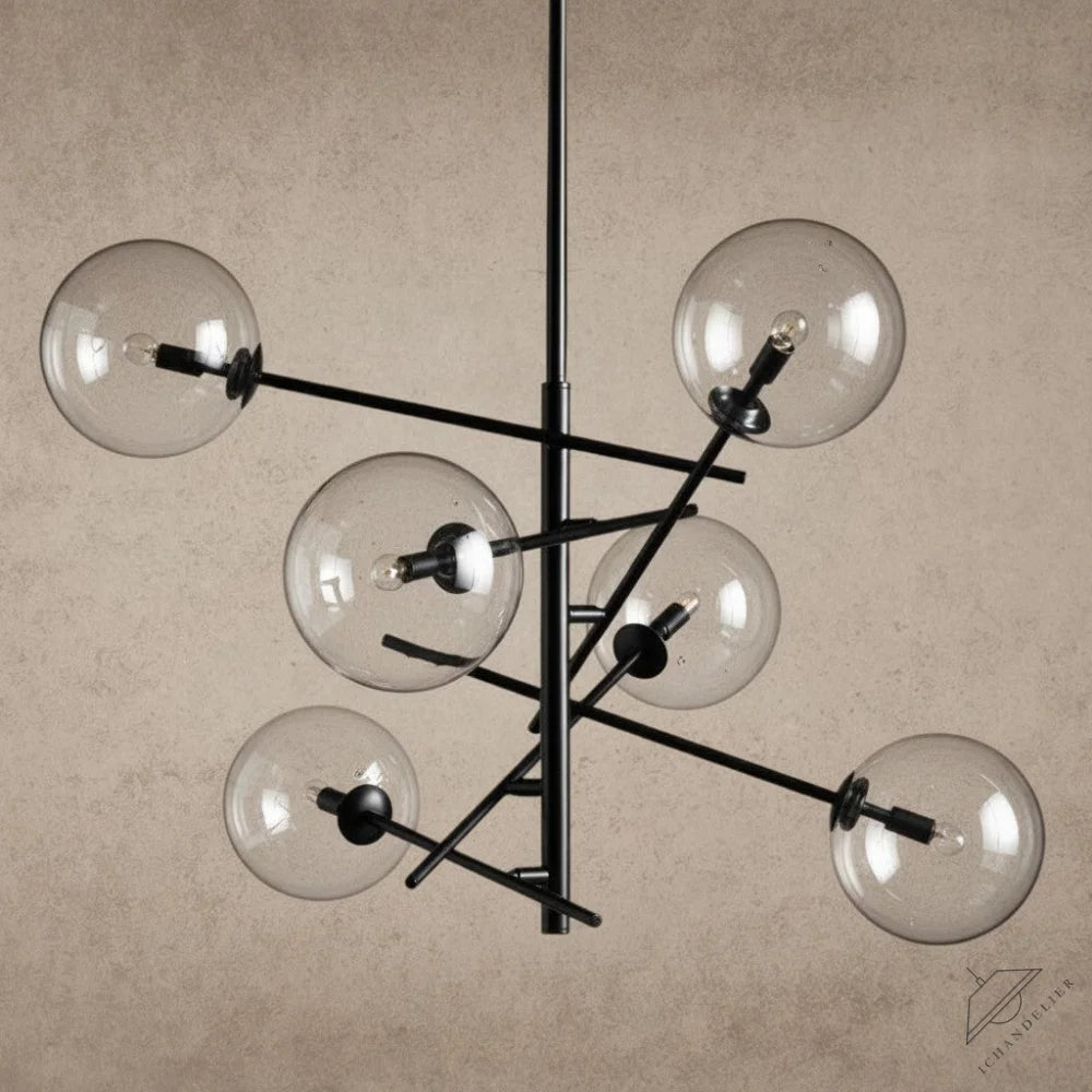 ichandelier Roscoe Chandelier, modern black metal frame with 7 clear glass globe shades, unique geometric design