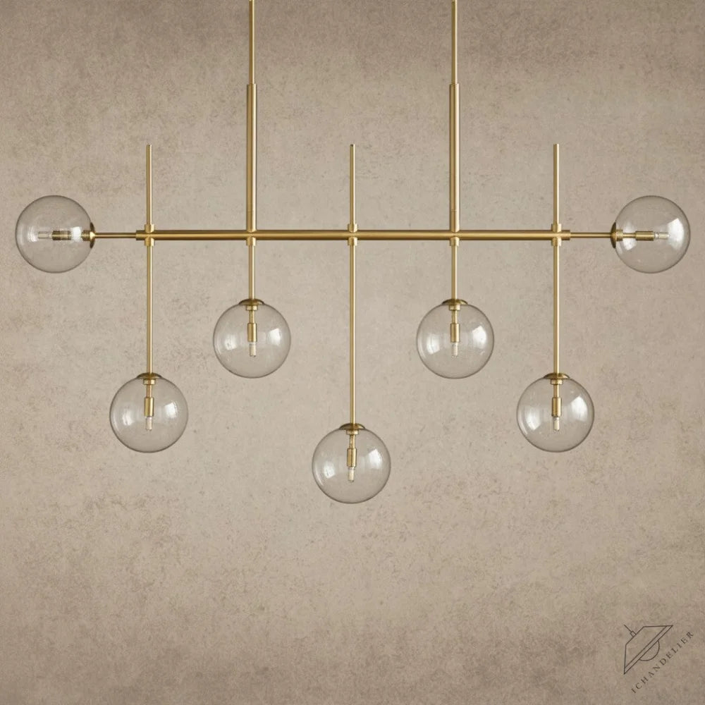 ichandelierHere Roscoe Linear Chandelier with brass finish and clear glass globes, 60" or 72" length.