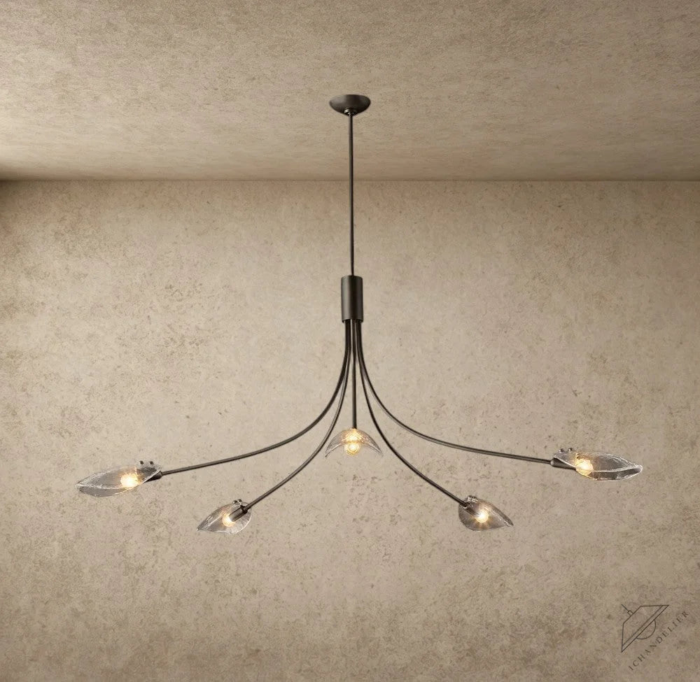 ichandelier 6-light clear glass shell chandelier with curved metal rods and decorative spherical shades.