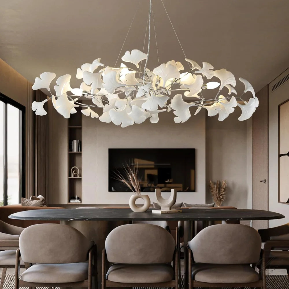 Silver Ceramic Ginkgo Leaf Branch Chandelier – 47.2" Brass Rectangle