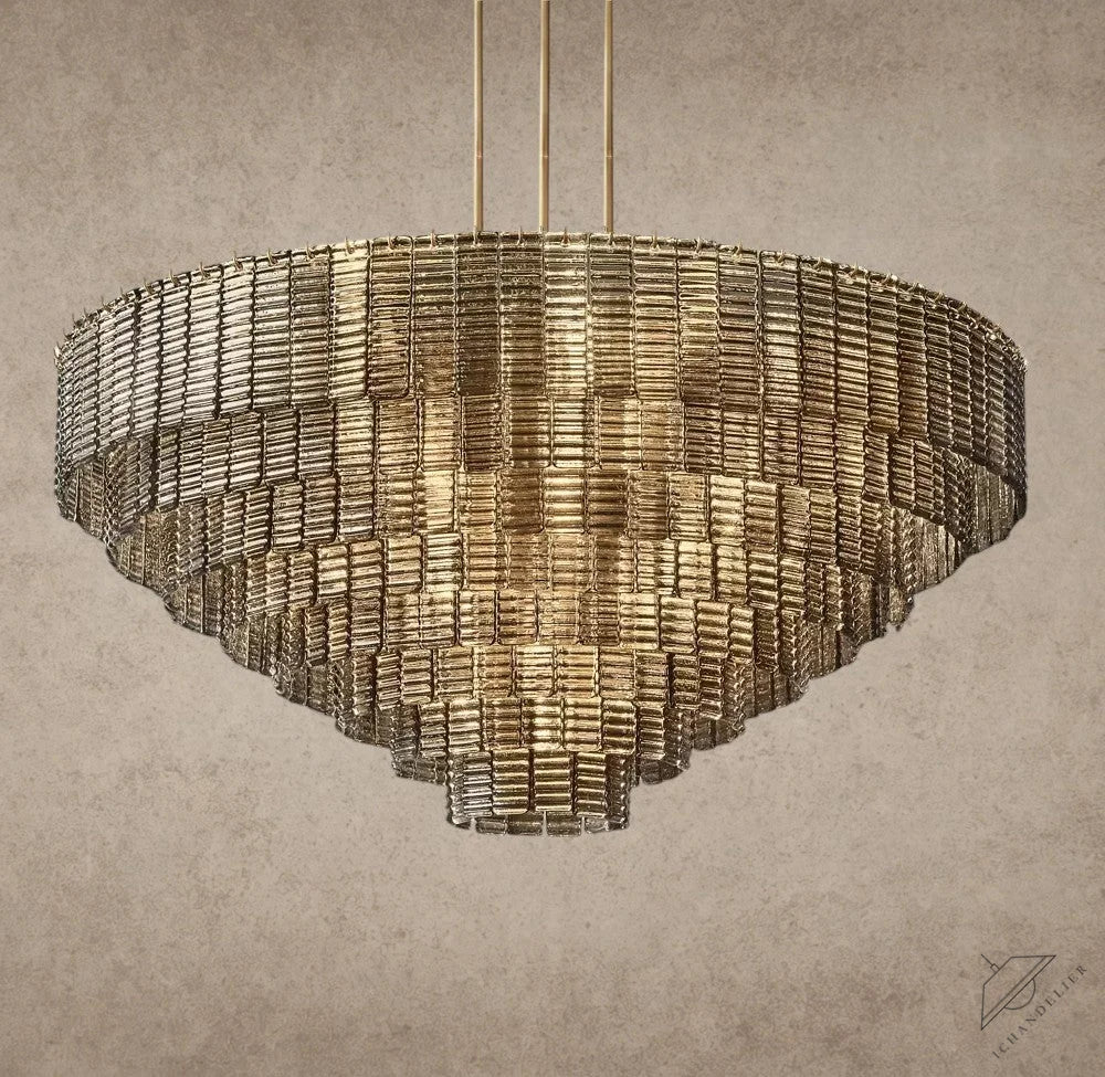 ichandelier Sirene Smoke Glass Round Chandelier, tiered design with textured glass elements, warm golden hue.