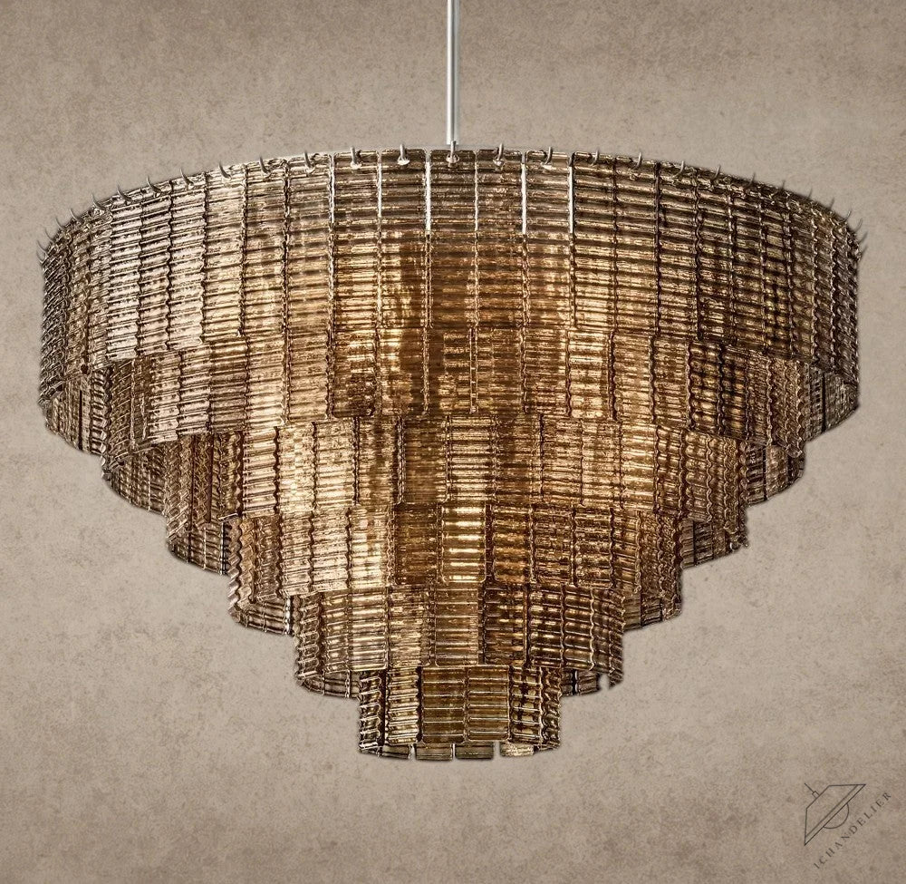 ichandelier Sirene Smoke Glass Round Chandelier, tiered design with textured glass rods, warm amber hue.
