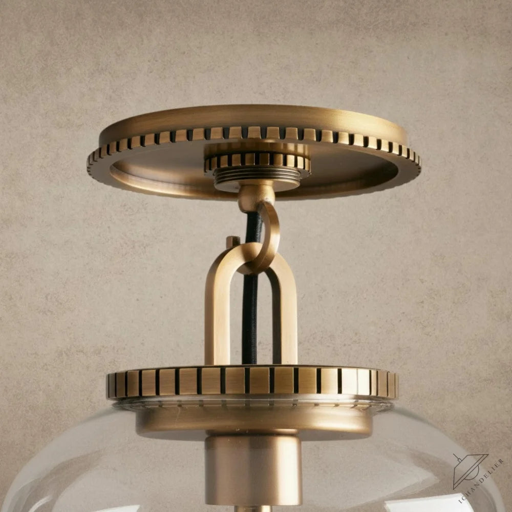 ichandelier Wescott Globe Flush Mount, antique brass finish, clear glass shade, industrial style ceiling light
