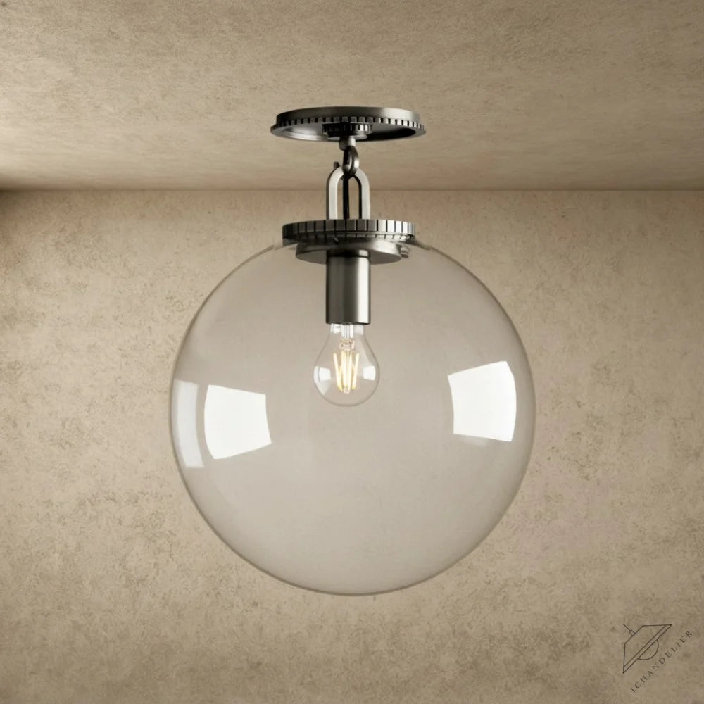 ichandelier Wescott Globe Flush Mount, clear glass shade, brushed nickel finish, industrial style ceiling light
