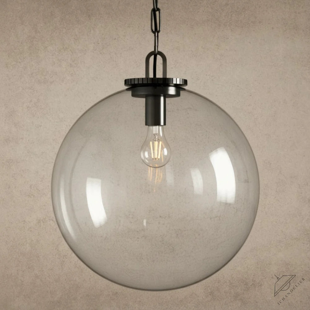ichandelier Wescott Globe Pendant with Chain, clear glass shade, exposed filament bulb, dark metal chain and fixture