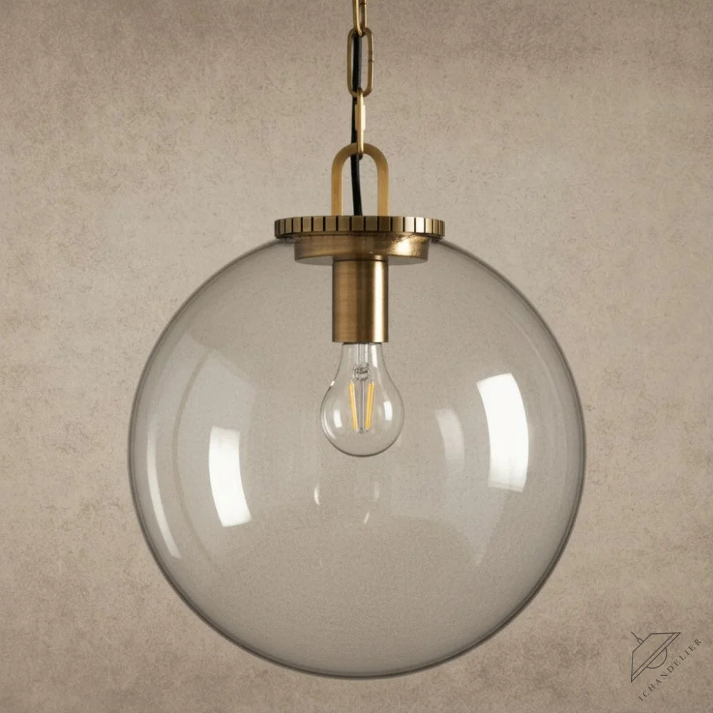 ichandelier Wescott Globe Pendant with Chain, clear glass shade, brass finish, modern industrial style