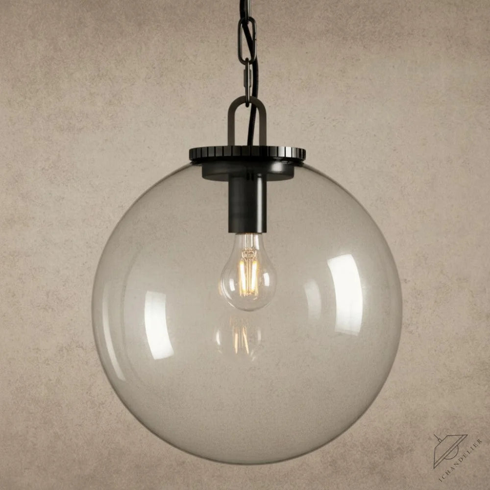 ichandelier Wescott Globe Pendant with Chain, clear glass shade, black metal hardware, exposed Edison bulb, industrial style
