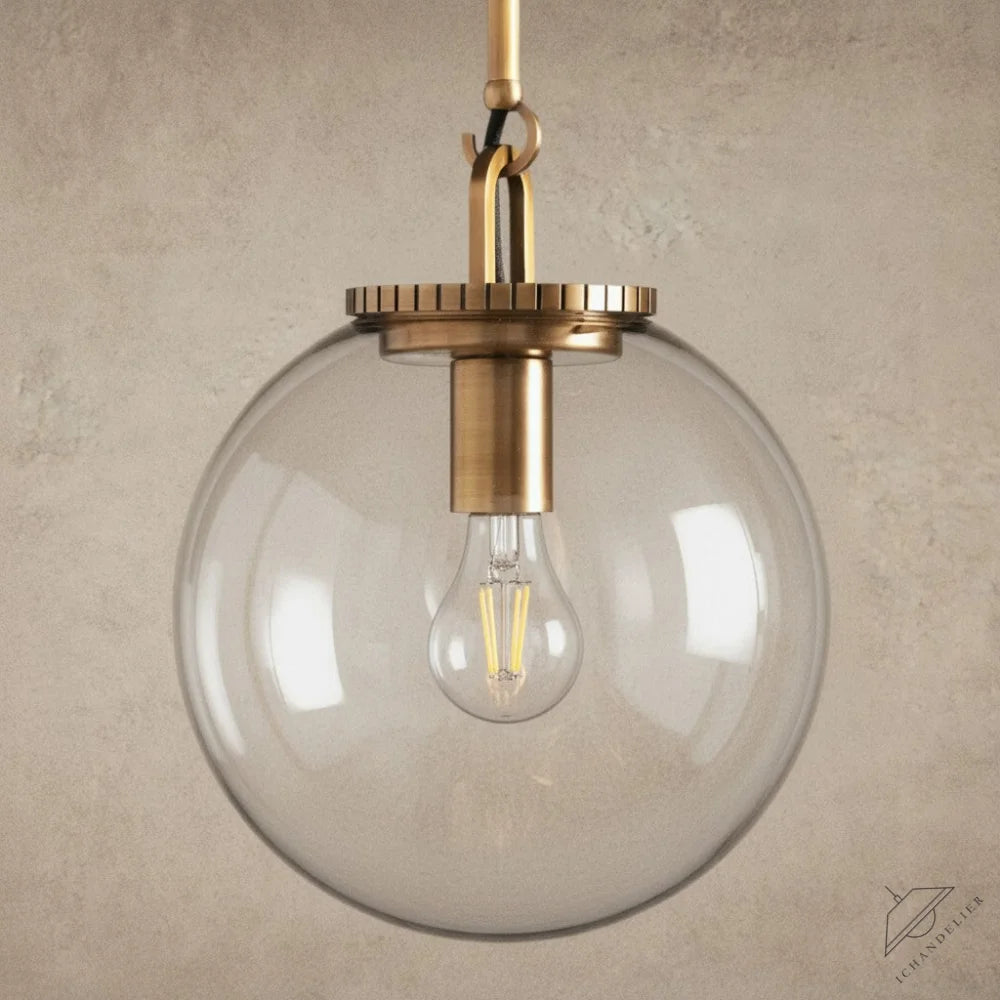 ichandelier Wescott Globe Pendant with Rod, clear glass shade, brass hardware, exposed filament bulb