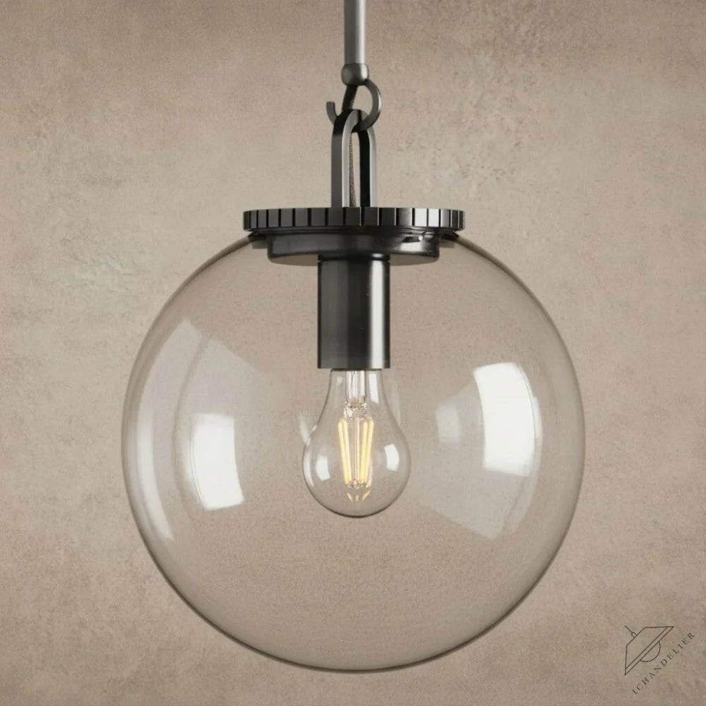 ichandelier Wescott Globe Pendant with Rod, clear glass shade, exposed filament bulb, dark metal hardware