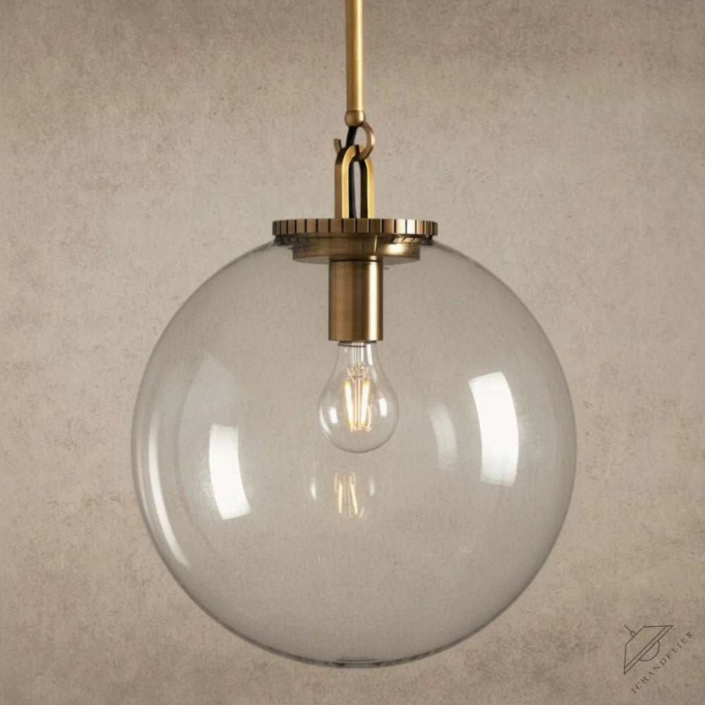 ichandelier Wescott Globe Pendant with Rod, clear glass shade, brass hardware, exposed bulb, modern industrial style
